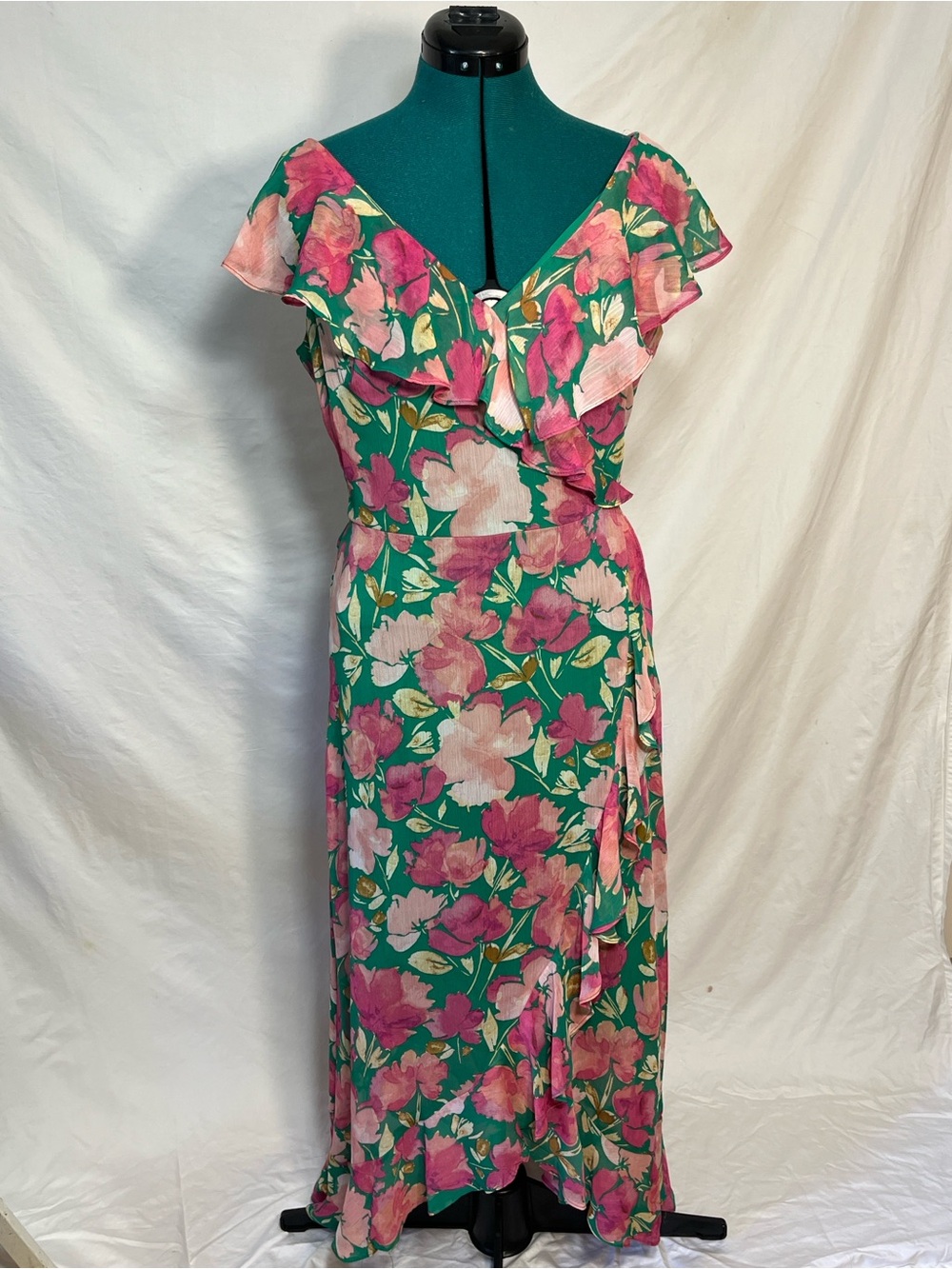London Times Green Floral Ruffle Wrap Maxi Dress - Pink & Cream Flowers